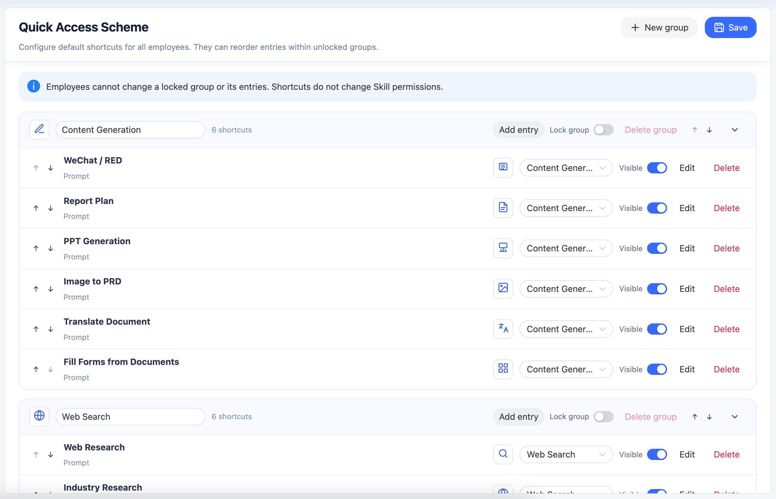 Admin default-shortcut configuration