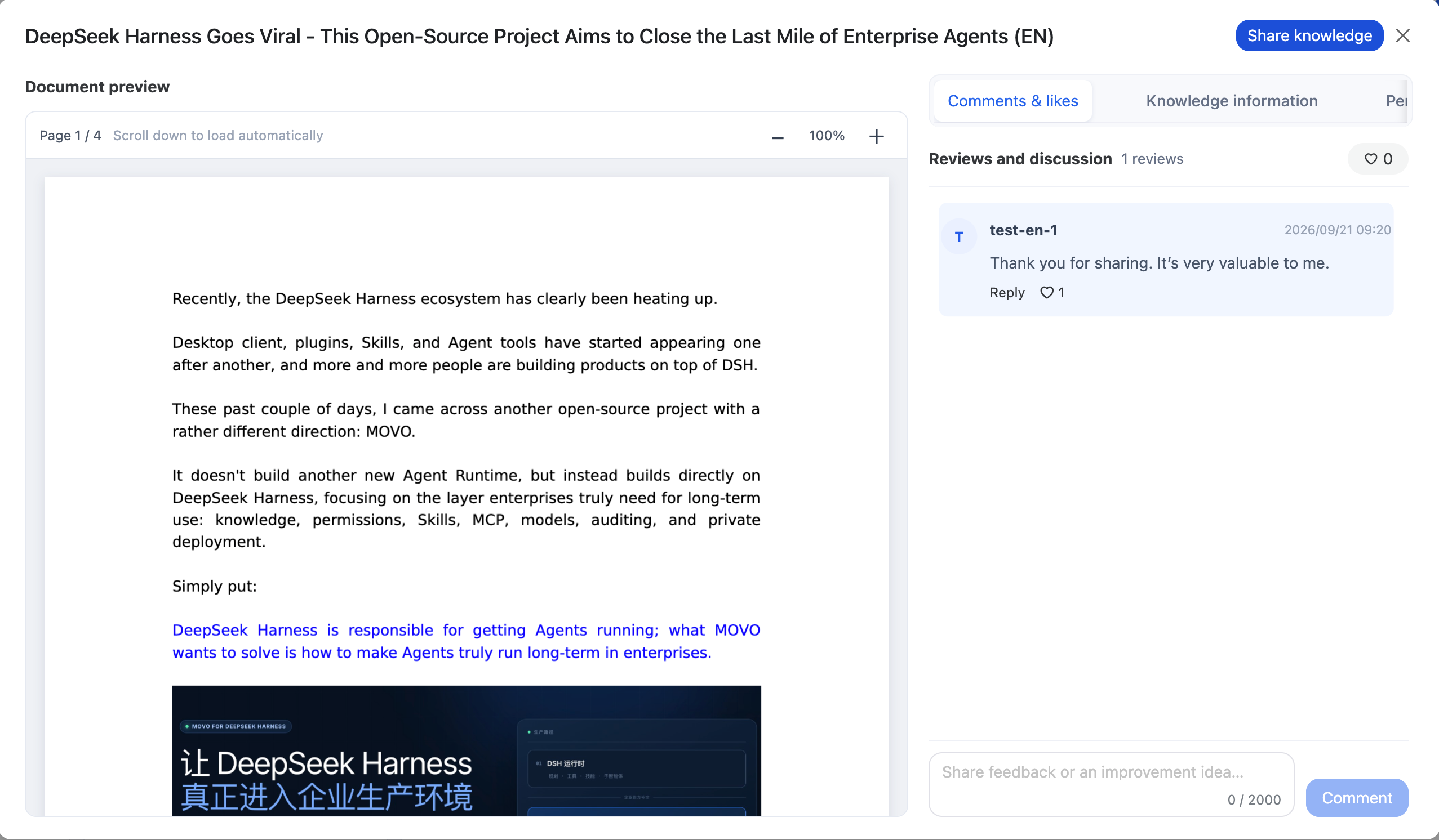 Document preview, comment thread, replies, and likes