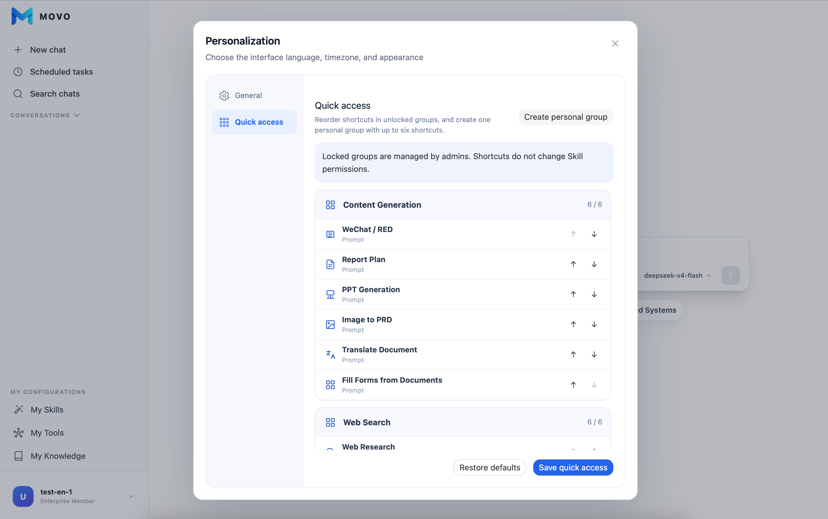 Personalization: employee Quick access settings