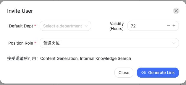 Invite User dialog with department, role and lifetime